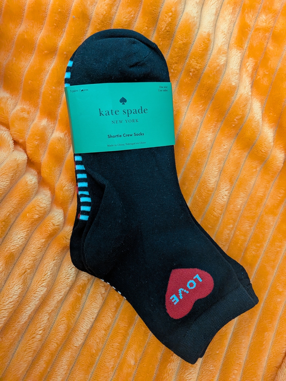 kate spade Black Shortie Crew Socks with Red Heart Accent